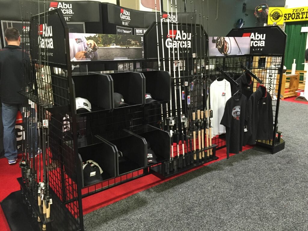 Abu Garcia retail display featuring clothing and fishing gear
