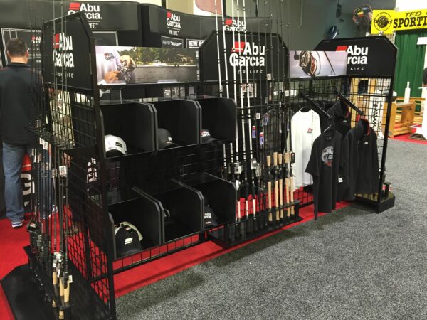Abu Garcia retail display featuring clothing and fishing gear