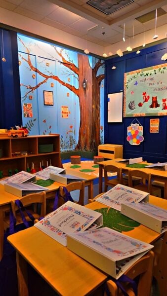 Brightly painted classroom with tables and chairs.